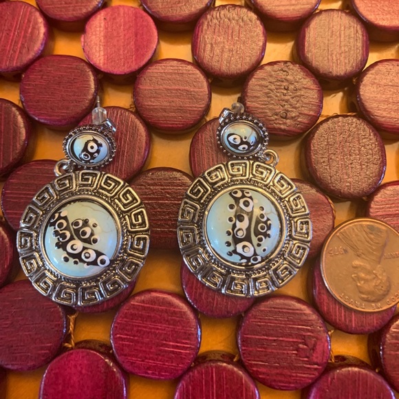 Hand painted Grecian symbol turquoise earrings - Picture 1 of 4